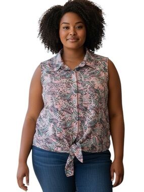 Dip Tie Up Blouse Dusty Peach Tropical Print